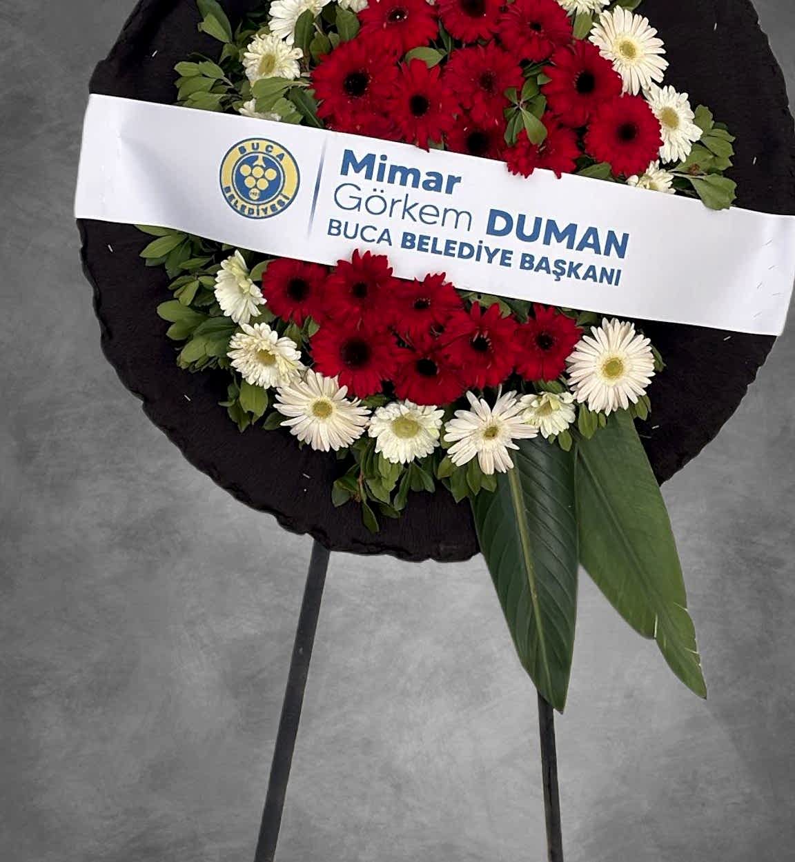 CENAZE-MERASİM CANLI KIRMIZI BEYAZ GERBERA  ÇELENK